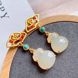 Silver Inlaid Hetian Jade Purse Earrings, Chinese Retro Craft Charm Jewelry