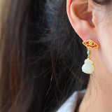 Silver Inlaid Hetian Jade Purse Earrings, Chinese Retro Craft Charm Jewelry