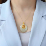 Silver Inlaid Natural Hetian Jade Round Xiangyun Pendant Necklace