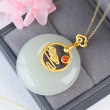 Silver Inlaid Natural Hetian Jade Round Xiangyun Pendant Necklace
