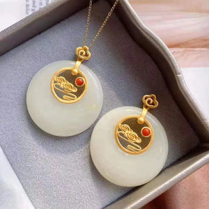 Silver Inlaid Natural Hetian Jade Round Xiangyun Pendant Necklace