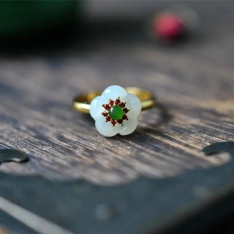 Silver Inlaid Natural Hotan Jade Flower Ring Chinese Court Charm Women's Jewelry