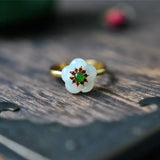 Silver Inlaid Natural Hotan Jade Flower Ring Chinese Court Charm Women's Jewelry