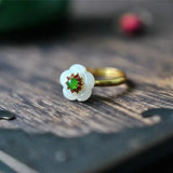 Silver Inlaid Natural Hotan Jade Flower Ring Chinese Court Charm Women's Jewelry