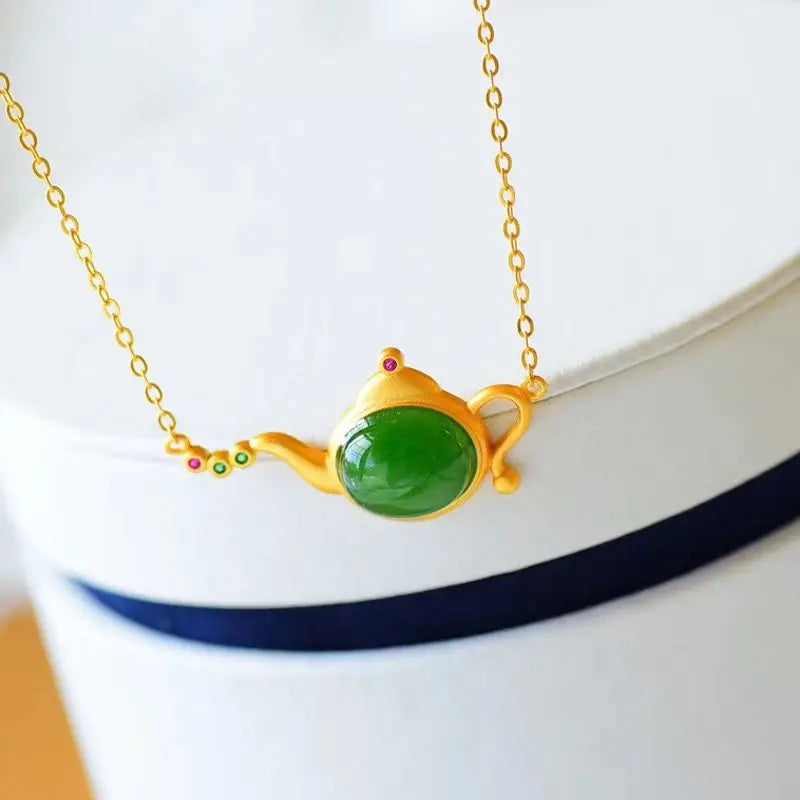 Hotan Chalcedony Teapot Pendant Necklace, Bohemian Jewelry
