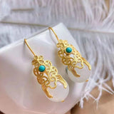 Silver Inlaid Hotan Jade Turquoise Drop Earrings Women's Jewelry