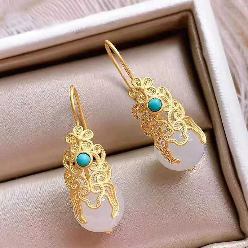 Silver Inlaid Hotan Jade Turquoise Drop Earrings Women's Jewelry