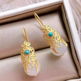 Silver Inlaid Hotan Jade Turquoise Drop Earrings Women's Jewelry