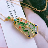 Silver Inlaid Hotan Chalcedony Plant Flower Pendant Necklace