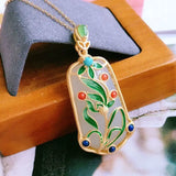 Silver Inlaid Hotan Chalcedony Plant Flower Pendant Necklace
