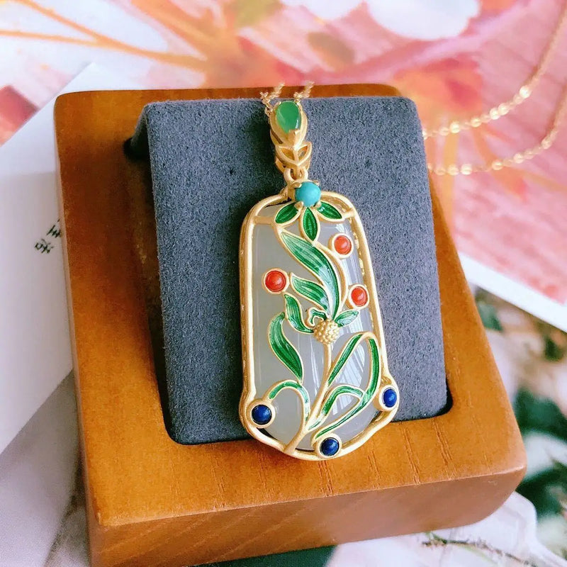 Silver Inlaid Hotan Chalcedony Plant Flower Pendant Necklace