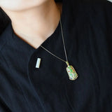 Silver Inlaid Hotan Chalcedony Plant Flower Pendant Necklace
