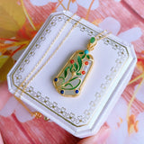 Silver Inlaid Hotan Chalcedony Plant Flower Pendant Necklace