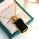 Silver Inlaid Natural Ink Jade Large Pendant Necklace