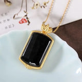 Silver Inlaid Natural Ink Jade Large Pendant Necklace