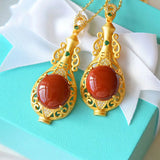 Chinese Retro Silver Inlaid South Red Vase Pendant Necklace