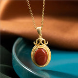 Silver Inlaid Red Oval Pendant Necklace Chinese Palace Charm Women's Jewelry