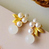 Silver Inlaid Jade Synthetic Pearl Earrings Chinese Retro Women's Jewelry