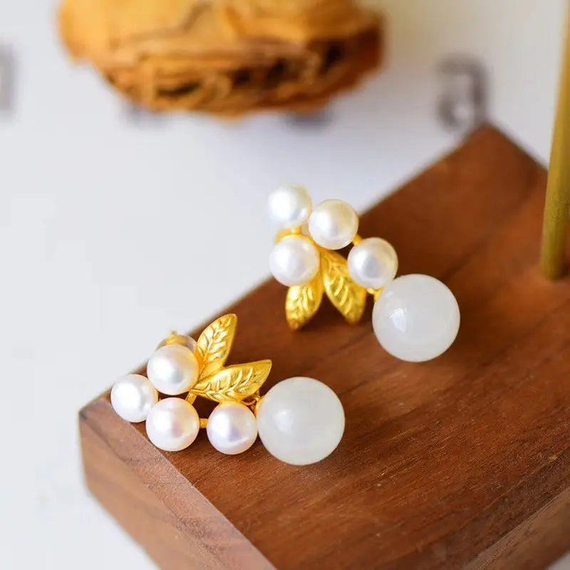 Silver Inlaid Jade Synthetic Pearl Earrings Chinese Retro Women's Jewelry