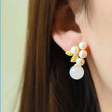 Silver Inlaid Jade Synthetic Pearl Earrings Chinese Retro Women's Jewelry