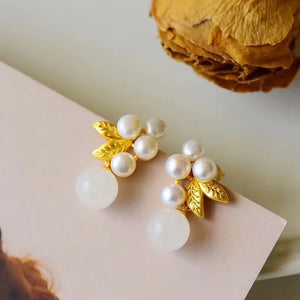 Silver Inlaid Jade Synthetic Pearl Earrings Chinese Retro Women's Jewelry