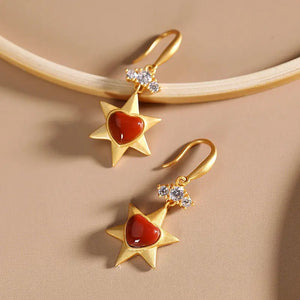 Silver Inlaid Red Chalcedony Earrings Chinese Retro Women Jewelry