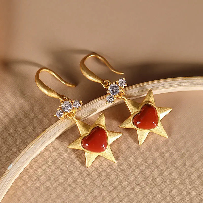 Silver Inlaid Red Chalcedony Earrings Chinese Retro Women Jewelry