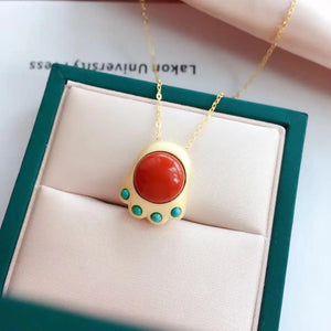Chinese Cat's Paw Pendant Necklace with Silver Inlay and Hetian Chalcedony