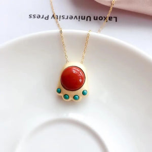 Chinese Cat's Paw Pendant Necklace with Silver Inlay and Hetian Chalcedony