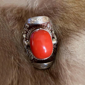 Silver Inlaid Red Tourmaline Ethnic Men's Ring