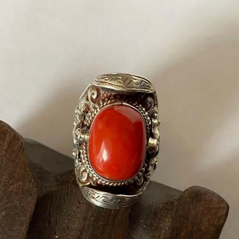 Silver Inlaid Red Tourmaline Ethnic Men's Ring