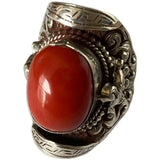 Silver Inlaid Red Tourmaline Ethnic Men's Ring