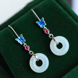 Silver Inlaid Hetian Chalcedony Long Earrings Butterfly Vintage Style Jewelry