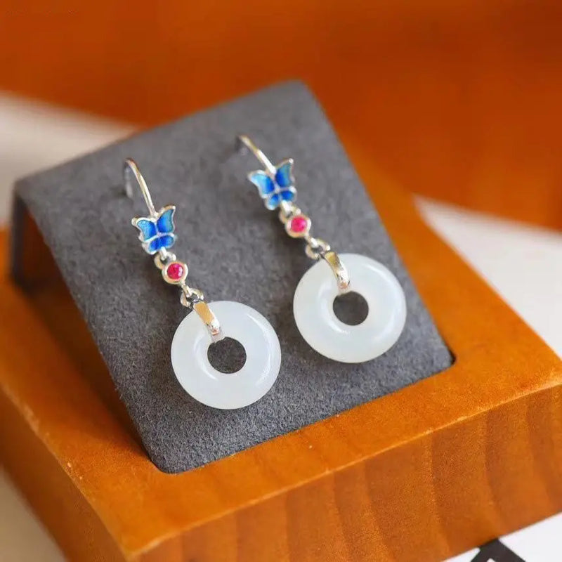 Silver Inlaid Hetian Chalcedony Long Earrings Butterfly Vintage Style Jewelry