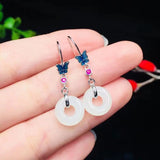 Silver Inlaid Hetian Chalcedony Long Earrings Butterfly Vintage Style Jewelry
