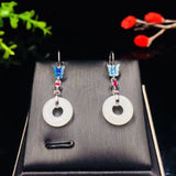 Silver Inlaid Hetian Chalcedony Long Earrings Butterfly Vintage Style Jewelry
