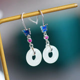 Silver Inlaid Hetian Chalcedony Long Earrings Butterfly Vintage Style Jewelry