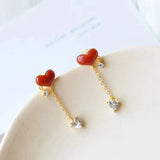 Silver Inlaid with Natural Red Love Agate Long Earrings