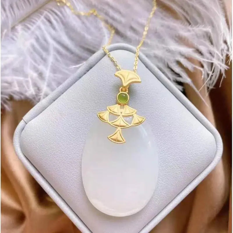 Silver Hetian Jade Pendant Necklace Chinese Retro Charm Women's Jewelry
