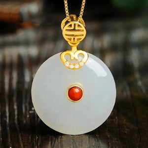 Silver & Baitian Jade Round Pendant Chinese Women's Jewelry