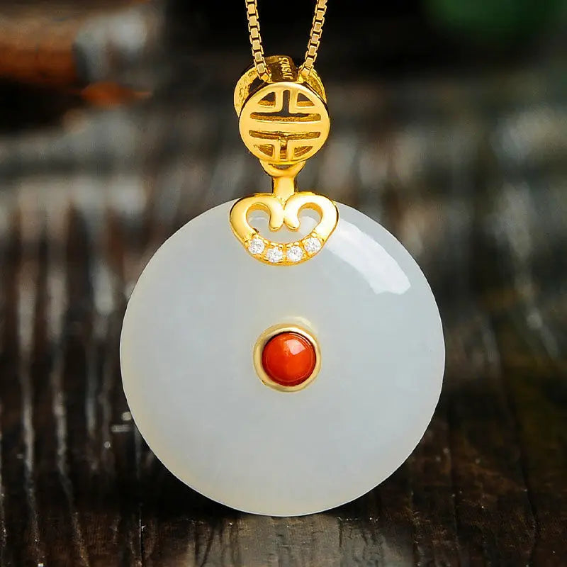 Silver & Baitian Jade Round Pendant Chinese Women's Jewelry