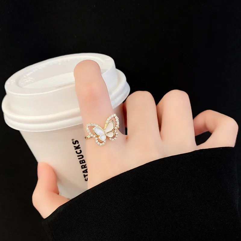 Diamond Butterfly Mother-of-Pearl Open Ring - Party Jewelry