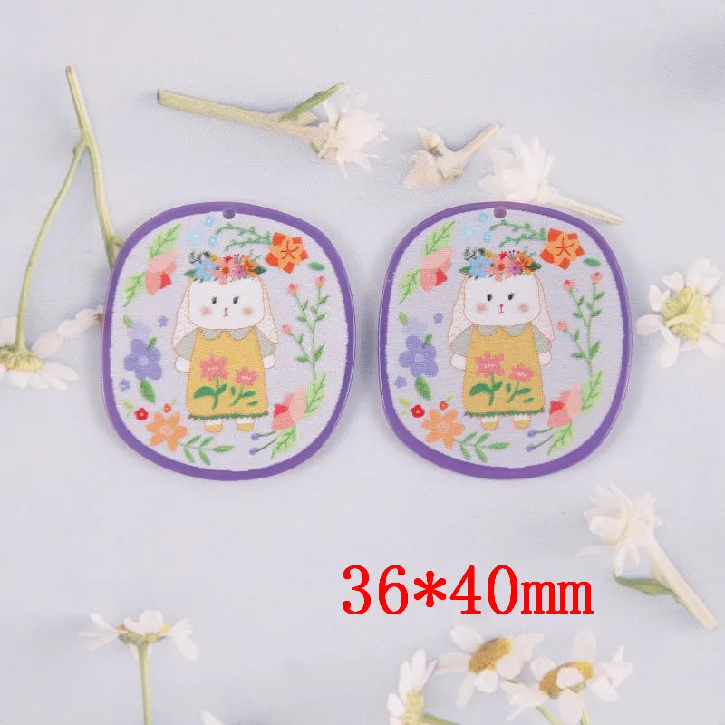 50pcs Animals Rabbits/Flowers Print Acrylic Beads DIY Jewelry Accessory