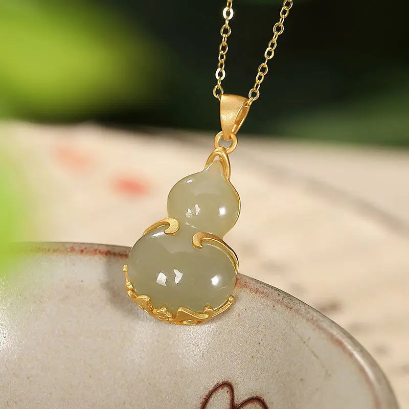 Inlaid Gourd & Tian Jade Necklace Pendant Silver Jewelry