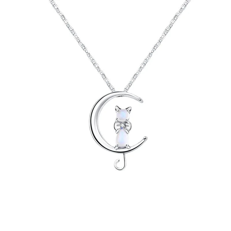 Moon Cat Pendant Silver Necklace X234