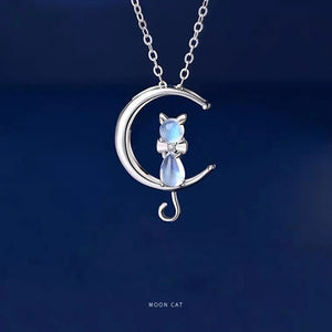 Moon Cat Pendant Silver Necklace X234