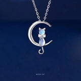 Moon Cat Pendant Silver Necklace X234