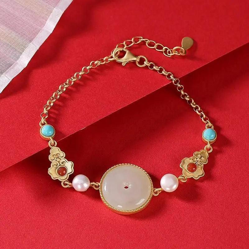 Natural Hetian Chalcedony Turquoise Inlaid Geometric Bracelet