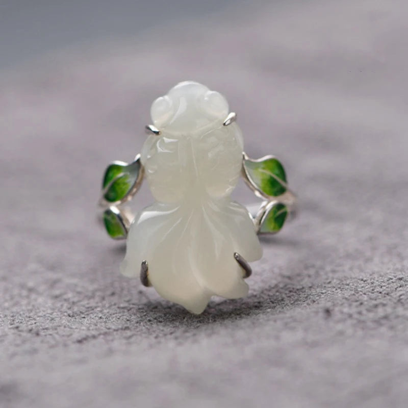 Chinese Enamel Porcelain Jade Goldfish Ring for Women