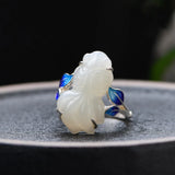 Chinese Enamel Porcelain Jade Goldfish Ring for Women